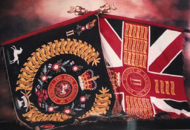 The Royal Regiment of Fusiliers 3rd battalion Queens colours flag. 